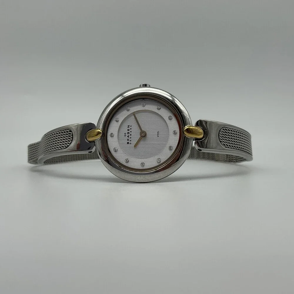 Skagen 354SGSC Womens Watch Silver Dial Stainless Mesh Bracelet New Battery 7.5
